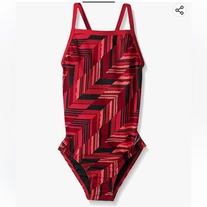 Speedo Girls' Endurance+ Angular Flyback Black & Red Swimsuit Size 8/24